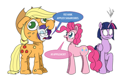 Size: 1279x828 | Tagged: safe, artist:ladyanidraws, applejack, pinkie pie, rarity, twilight sparkle, twilight sparkle (alicorn), alicorn, earth pony, pony, unicorn, applejack suit, clothes, costume, dialogue, female, flanderization, mare, simple background, transparent background