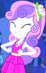 Size: 218x342 | Tagged: safe, derpibooru import, screencap, sweetie belle, equestria girls, equestria girls (movie), cute, diasweetes, eyes closed, fall formal, fall formal outfits, flower, flower in hair, smiley face, smiling, teeth