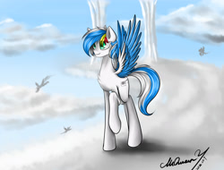 Size: 4096x3112 | Tagged: safe, artist:mcqueen, derpibooru exclusive, derpibooru import, oc, oc:bender drede, pegasus, pony, cloud, cloudsdale, flying, raised hoof, silhouette, smiling, solo, wings