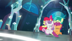 Size: 1280x720 | Tagged: safe, derpibooru import, screencap, apple bloom, sandbar, scootaloo, sweetie belle, earth pony, pegasus, pony, unicorn, school raze, crystal, cutie mark crusaders, eyes closed, female, filly, foal, male, nightmare cave, quartet, teenager