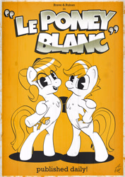 Size: 3508x4961 | Tagged: safe, artist:tony-retro, oc, oc only, oc:brave, oc:ruban, earth pony, pony, comic, female, high res, le poney blanc, male, mare, old timey, stallion