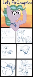 Size: 718x1644 | Tagged: safe, artist:rusticanon, derpibooru import, oc, earth pony, pony, comic, computer, cover art, female, fixed, mare, monochrome, overalls, solo, spanking