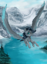 Size: 1280x1760 | Tagged: dead source, safe, artist:aoiyui, derpibooru import, oc, oc only, pegasus, pony, flying, forest, lake, mountain, mountain range, scenery, solo