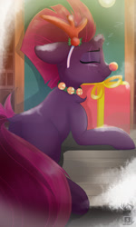 Size: 1152x1920 | Tagged: safe, artist:php97, derpibooru import, fizzlepop berrytwist, tempest shadow, pony, unicorn, antlers, bell, bell collar, broken horn, christmas, clothes, collar, costume, cute, dock, holiday, horn, present, red nose, reindeer antlers, rudolf the red nosed reindeer, sleeping, smiling, solo, tempestbetes, underhoof