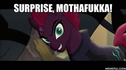 Size: 600x337 | Tagged: safe, edit, edited screencap, screencap, tempest shadow, my little pony: the movie, broken horn, eye scar, horn, image macro, meme, scar, silly little ponies, surprise motherfucker, vulgar