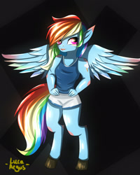 Size: 1280x1600 | Tagged: safe, artist:lucaaegus, derpibooru import, rainbow dash, anthro, unguligrade anthro, barehoof, clothes, hooves, lipstick, shorts, sports outfit, tanktop