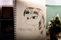 Size: 4288x2848 | Tagged: safe, artist:calveen, derpibooru import, twilight sparkle, pony, bust, female, floppy ears, horn, japanese, looking at you, manga, mare, monochrome, pencil drawing, photo, signature, sketch, sketchbook, solo, traditional art, unamused