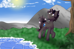 Size: 2125x1417 | Tagged: safe, artist:itwasscatters, derpibooru import, oc, oc only, oc:shooting star, pony, unicorn, grass, scenery, solo, tree