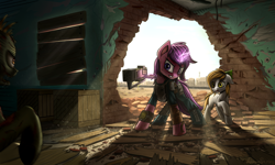 Size: 1500x900 | Tagged: safe, artist:adagiostring, derpibooru import, oc, oc only, oc:amethyst heartstone, earth pony, ghoul, pony, unicorn, fallout equestria, attack, backlighting, brick wall, commission, crepuscular rays, crossover, dust, fallout, fear, female, gun, looking at each other, magic, mare, weapon