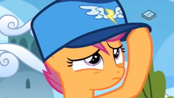 Size: 1366x768 | Tagged: safe, derpibooru import, screencap, scootaloo, pony, the washouts (episode), boomerang (tv channel), cap, female, filly, hat, kepi, wonderbolts