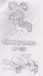 Size: 653x1138 | Tagged: safe, artist:threetwotwo32232, pinkie pie, twilight sparkle, earth pony, pony, comic, inanimate tf, levitation, magic, monochrome, newbie artist training grounds, pencil drawing, telekinesis, text, traditional art, transformation, transformers, watergun