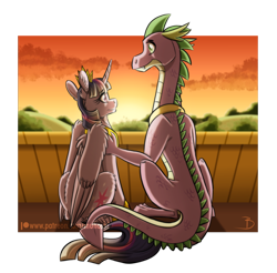 Size: 900x886 | Tagged: safe, artist:inuhoshi-to-darkpen, spike, twilight sparkle, twilight sparkle (alicorn), alicorn, dragon, pony, crown, duo, jewelry, looking at each other, older, older spike, regalia, smiling, sunset