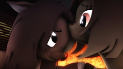 Size: 1024x576 | Tagged: safe, artist:okimichan, derpibooru import, oc, oc only, oc:claire, oc:maude, earth pony, pony, 3d, crying, female, fireplace, kissing, mare