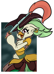 Size: 2761x3763 | Tagged: safe, artist:befishproductions, captain celaeno, anthro, bird, my little pony: the movie, clothes, hat, pirate, pirate hat, simple background, smiling, solo, sword, transparent background, weapon