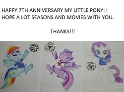 Size: 472x351 | Tagged: safe, artist:hakirayleigh, pinkie pie, rarity, twilight sparkle, twilight sparkle (alicorn), alicorn, earth pony, pony, unicorn, football, france, germany, happy birthday mlp:fim, italy, mlp fim's seventh anniversary, sports