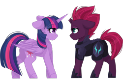 Size: 3000x2048 | Tagged: dead source, safe, artist:cinnamontee, tempest shadow, twilight sparkle, twilight sparkle (alicorn), alicorn, pony, unicorn, my little pony: the movie, armor, broken horn, cute, female, looking at each other, mare, simple background, smiling, tempestbetes, transparent background, twiabetes