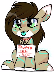 Size: 1776x2376 | Tagged: safe, artist:donutnerd, derpibooru import, oc, oc:rune, pony, cel shading, chest fluff, dumb, ears, female, for sale, hooves, humor, mare, shaming, sign, sitting, slave, smug, solo, tongue out, young