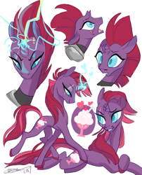 Size: 500x620 | Tagged: safe, artist:creeate97, fizzlepop berrytwist, tempest shadow, pony, unicorn, my little pony: the movie, alternate hairstyle, broken horn, colored hooves, cutie mark, eye scar, facial expressions, female, floppy ears, glowing horn, good end, lidded eyes, mare, open mouth, scar, simple background, smiling, solo, sparking horn, white background