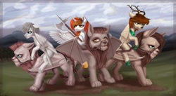 Size: 2560x1400 | Tagged: artist needed, source needed, safe, oc, oc only, oc:king mirael, oc:king phoenix, oc:light knight, alicorn, hybrid, manticore, pegasus, pony, alicorn oc, bow, fine art parody, ponies riding cats, riding, sword, weapon