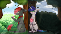 Size: 1024x574 | Tagged: safe, artist:lastaimin, artist:viiniecz, oc, oc only, earth pony, pony, unicorn, clothes, gay, male, oc x oc, scarf, shipping, stallion, tree