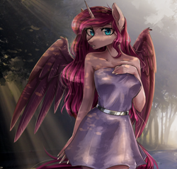 Size: 1000x950 | Tagged: safe, artist:alicesmitt31, derpibooru import, oc, oc only, alicorn, anthro, alicorn oc, anthro oc, clothes, digital art, dress, female, forest, gift art, hand on chest, looking at you, mare, nail polish, shoulderless, signature, solo, tree