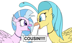 Size: 2697x1615 | Tagged: safe, artist:eagc7, derpibooru import, princess skystar, silverstream, classical hippogriff, hippogriff, my little pony: the movie, cousins, dialogue, duo, duo female, female, simple background, text, transparent background