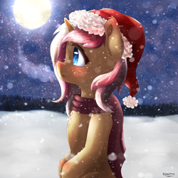 Size: 2500x2500 | Tagged: safe, artist:kourma, oc, oc only, oc:softie swirl, unicorn, blushing, chest fluff, christmas, clothes, commission, cute, female, full moon, hat, holiday, moon, night, santa hat, scarf, snow, snowfall, solo, stars, winter, ych result