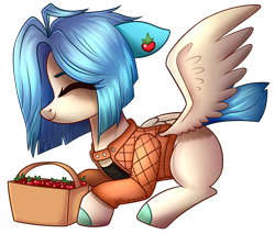 Size: 1552x1322 | Tagged: safe, artist:starrcoma, oc, oc only, pegasus, pony, basket, clothes, eyes closed, female, floppy ears, food, mare, prone, simple background, smiling, solo, strawberry, transparent background