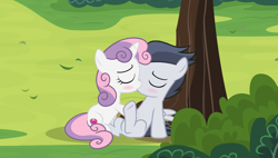 Size: 1602x908 | Tagged: safe, artist:lunaticdawn, rumble, sweetie belle, female, kissing, male, rumbelle, shipping, straight