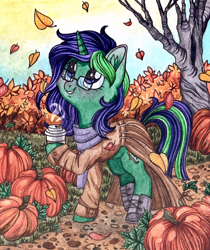 Size: 960x1143 | Tagged: safe, artist:red-watercolor, derpibooru import, oc, oc only, oc:buggy code, pony, unicorn, autumn, clothes, coffee, dress, falling leaves, female, glasses, hoof hold, hot drink, leaves, looking at something, looking up, mare, pumpkin, scarf, smiling, solo, traditional art, tree, ych result
