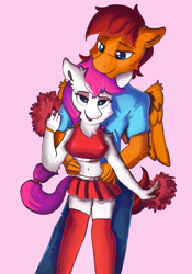 Size: 1953x2784 | Tagged: safe, artist:saxopi, oc, oc only, oc:freya, oc:lucky, anthro, cheerleader outfit, clothes, cute, frecky, jeans, over the knee socks, pants, pom pom, shirt