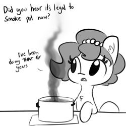 Size: 1280x1280 | Tagged: safe, artist:tjpones, derpibooru import, oc, oc only, oc:brownie bun, earth pony, pony, horse wife, chest fluff, dialogue, ear fluff, female, grayscale, implied marijuana, mare, monochrome, offscreen character, pot, pun, simple background, smoke, solo, white background