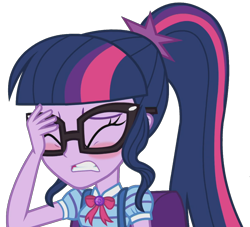 Size: 2048x1859 | Tagged: safe, artist:thebarsection, sci-twi, twilight sparkle, human, better together, equestria girls, backpack, blushing, clothes, cute, eyes closed, facepalm, female, glasses, simple background, solo, transparent background