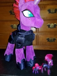 Size: 2973x3964 | Tagged: safe, tempest shadow, pony, unicorn, my little pony: the movie, armor, broken horn, build-a-bear, comparison, cute, eye scar, female, irl, mare, multeity, photo, plushie, scar, tempest army, tempestbetes, toy, triality, trio