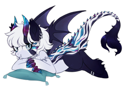 Size: 2000x1411 | Tagged: safe, artist:glitterring, derpibooru import, oc, oc only, oc:cobalt calypso, bat pony, dragon, hybrid, original species, armband, bat pony oc, bedroom eyes, claws, ear piercing, horns, jewelry, male, piercing, pillow, simple background, solo, stallion, transparent background