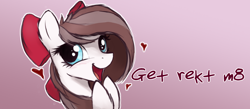 Size: 920x400 | Tagged: safe, artist:aurelleah, oc, oc only, oc:aurelia freefeather, oc:aurelleah, oc:aurry, pegasus, pony, blushing, bow, bust, clothes, cute, ear fluff, female, fluffy, gradient background, hair bow, happy, heart, looking at you, love, mare, ocbetes, open mouth, solo, squee