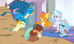 Size: 1684x1014 | Tagged: safe, derpibooru import, screencap, gallus, ocellus, sandbar, silverstream, smolder, yona, changedling, changeling, classical hippogriff, dragon, earth pony, griffon, hippogriff, pony, yak, a matter of principals, bow, cloven hooves, dragoness, female, hair bow, jewelry, male, monkey swings, necklace, rescue, scared, student six, teenager