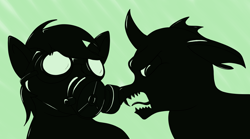 Size: 1280x710 | Tagged: safe, artist:digoraccoon, oc, oc only, changeling, pony, fanfic, fanfic art, gas mask, mask, silhouette