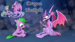 Size: 1280x720 | Tagged: safe, artist:fauna-joy, spike, twilight sparkle, dragon, pony, 3d, 3d model, dragoness, dragonified, female, male, ponified, ponified spike, source filmmaker, species swap, stallion, twilidragon, wings