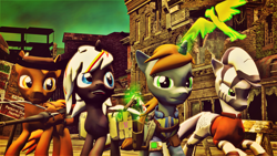 Size: 3840x2160 | Tagged: safe, artist:dj-chopin, oc, oc only, oc:calamity, oc:littlepip, oc:pyrelight, oc:velvet remedy, oc:xenith, balefire phoenix, pegasus, phoenix, pony, unicorn, zebra, fallout equestria, 3d, battle saddle, clothes, fanfic, fanfic art, female, fluttershy medical saddlebag, glowing horn, gun, handgun, hat, horn, levitation, little macintosh, magic, male, mare, medical saddlebag, pipbuck, revolver, rifle, ruins, saddle bag, source filmmaker, stallion, telekinesis, vault suit, weapon, wings