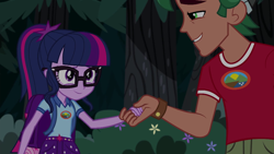 Size: 1280x720 | Tagged: safe, derpibooru import, screencap, sci-twi, timber spruce, twilight sparkle, equestria girls, legend of everfree, camp everfree outfits, cute, female, holding hands, male, ponytail, shipping, smiling, straight, timbertwi, twiabetes