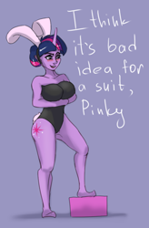 Size: 606x924 | Tagged: safe, artist:kittytitikitty, derpibooru import, twilight sparkle, human, equestria girls, breasts, bunny ears, bunny suit, clothes, engrish, headlight sparkle, horned humanization, humanized, misspelling