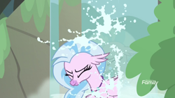 Size: 1920x1080 | Tagged: safe, derpibooru import, screencap, silverstream, classical hippogriff, hippogriff, what lies beneath, animation error, eyes closed, female, solo, water, waterfall, wet