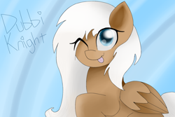 Size: 1024x683 | Tagged: safe, artist:envygirl95, derpibooru import, oc, oc:dubbi knight, pegasus, pony, female, mare, one eye closed, solo, wink