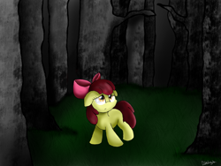 Size: 1024x768 | Tagged: safe, artist:envygirl95, derpibooru import, apple bloom, pony, floppy ears, forest, solo, tree