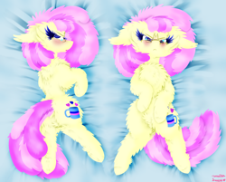 Size: 1024x824 | Tagged: safe, artist:vanillaswirl6, oc, oc only, oc:vanilla swirl, earth pony, pony, :<, >:<, belly fluff, blue background, blue eyes, blushing, body pillow, body pillow design, chest fluff, dock, ear fluff, embarrassed, floppy ears, fluffy, glasses, hoof fluff, looking at you, lying on bed, plot, simple background, solo, underhoof