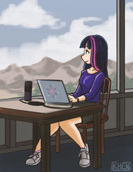 Size: 638x825 | Tagged: safe, artist:kprovido, twilight sparkle, human, chair, clothes, cloud, computer, female, humanized, laptop computer, mountain, scenery, shirt, shoes, sitting, sky, sneakers, solo, table