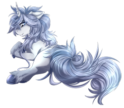 Size: 1491x1297 | Tagged: safe, artist:requiem♥, derpibooru import, oc, oc only, oc:ezekiel, pony, unicorn, blue eyes, blue mane, chest fluff, colored hooves, curved horn, cute, cute little fangs, ear fluff, fangs, fluffy, hooves, horn, long mane, long tail, looking at you, looking back, looking back at you, male, on side, rear view, simple background, solo, stallion, transparent background, underhoof, unshorn fetlocks, white fur