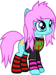 Size: 978x1310 | Tagged: safe, artist:lightningbolt, derpibooru exclusive, derpibooru import, oc, oc only, oc:scene chick, earth pony, pony, .svg available, arm warmers, bring me the horizon, clandestine industries, clothes, ear piercing, earring, eyeliner, female, jewelry, makeup, mare, natural hair color, necklace, nose piercing, piercing, scene, scene kid, shirt, simple background, smiling, snake bites, socks, solo, standing, striped socks, svg, transparent background, vector