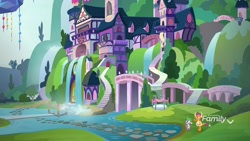 Size: 1920x1080 | Tagged: safe, derpibooru import, screencap, smolder, spike, dragon, father knows beast, architecture, discovery family logo, dragoness, duo, female, male, school of friendship, stairs, stepping stones, waterfall